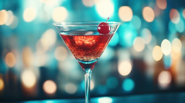 A vibrant cocktail rests in an elegant glass, adorned with a cherry, set against a sparkling bokeh backdrop in a bustling bar environment