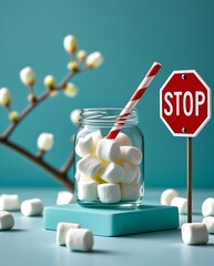 Fototapeta premium Creative conceptual image with marshmallows in a glass jar, striped straws, and a stop sign, symbolizing sugar consumption, diet, restrictions, and health awareness on a pastel background