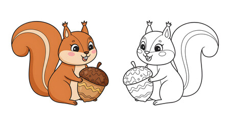 Adorable cartoon squirrel illustration in full color and outline versions