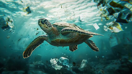 Fototapeta premium Underwater View of Marine Pollution Affecting Ocean Wildlife