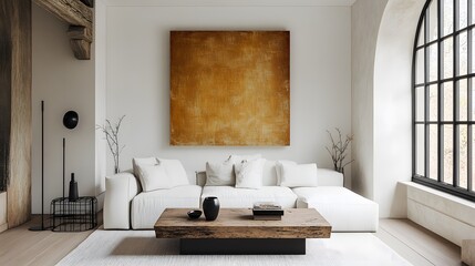 Grunge old accent coffee table near white sofa against arched window and white wall with big art poster frame. Minimalist, art deco interior design of modern living room, home. 2025
