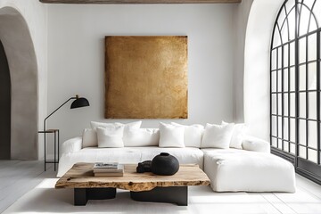 Grunge old accent coffee table near white sofa against arched window and white wall with big art poster frame. Minimalist, art deco interior design of modern living room, home. 2025
