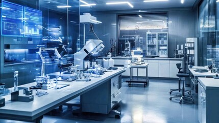 Modern lab interior with tech displays and equipment