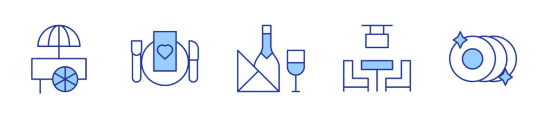 menu, wine, bar, plate, food cart. Restaurant Icon vector illustration. Line Duotone style. Editable stroke