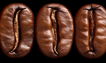 Obraz premium Close-Up of Three Distinct Coffee Beans on Black Background Highlighting Texture and Natural Features of the Beans for Use in Culinary and Beverage Contexts
