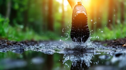 Hiking boots splashing through puddle in forest