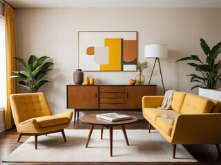 A chic modern living room boasts elegant yellow furniture, a minimalist design. It provides a stylish and comfortable space for relaxation, embodying the essence of mid-century modern design.