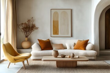 Minimalist, scandinavian style home interior design of modern living room 2025, Boucle white couch with red and cream accent pillows is paired with a natural wood coffee table. 