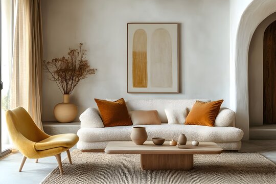 Fototapeta Minimalist, scandinavian style home interior design of modern living room 2025, Boucle white couch with red and cream accent pillows is paired with a natural wood coffee table. 