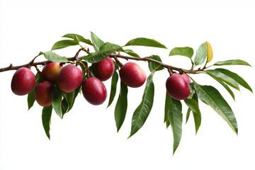 Isolated tropical mango tree branch with ripened fruit on white background close-up nature photography outdoor setting freshness concept