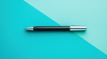 Sleek Black Pen on Minimalist Turquoise Background in Modern Workspace