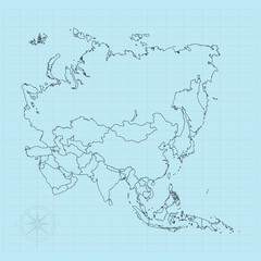Asia continent Vector line illustration of flag map