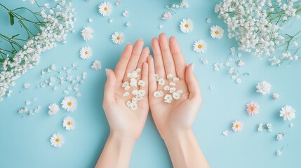 Female Hands with Delicate White Flowers on Pastel Blue Background

