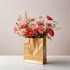 Pink and Red Flowers in a Gold Gift Bag