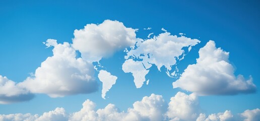 World map formed by clouds in blue sky, symbolizing global connection