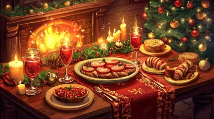Warm and Inviting Holiday Feast Displayed on a Table by a Cozy Fireplace Surrounded by Festive Decor and Twinkling Lights