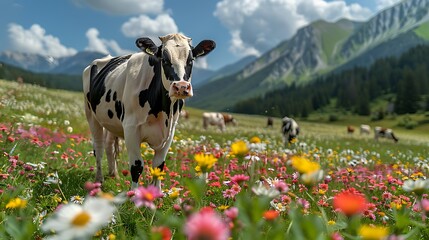 A serene landscape featuring a cow in a vibrant flower meadow with mountains in the background