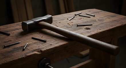 Craftsman's Hammer and Nails on Wooden Workbench