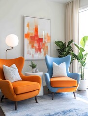 Minimalist interior design of modern living room 2025 with vibrant colorful multicolored armchairs.


