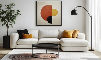 Minimalist, japandi style interior design of modern living room 2025 with a curved boucle sofa, abstract arched wall art, and bold geometric rug.


