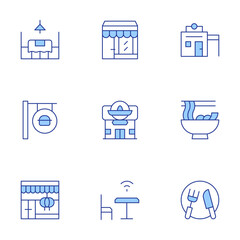 Restaurant icons set. Line Duotone style, editable stroke. dinner, restaurant, wifi, cutlery, noodle