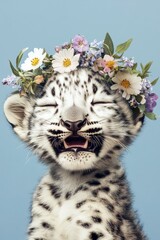 Fototapeta premium Cute baby animal snow leopard wearing primal flower circlet on its head - symbol of sunny vacation time. Isolated blue background, copy space, marketing idea concept art idea.