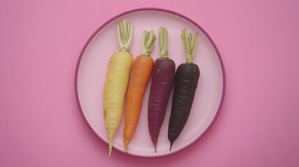 Vibrant Rainbow Carrots on Pink Plate Minimalist Food Photography