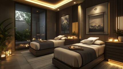 Spa room with candles and warm light, creating a serene and relaxing atmosphere.
