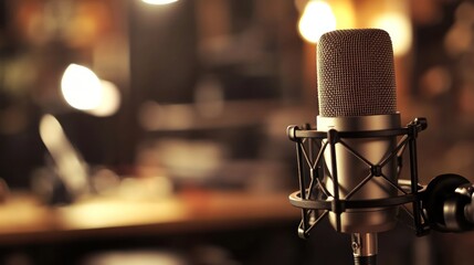 A podcaster speaking into a high-end microphone, headphones on, cozy studio setup, --ar 16:9 --v 6.1 Job ID: 920545b7-8305-43d8-b943-0930d552d235