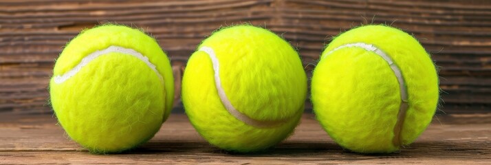 Three Bright Yellow Tennis Balls on Rustic Wooden Background Showcasing Sport Equipment for Tennis Enthusiasts and Recreational Players