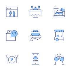 Restaurant icons set. Line Duotone style, editable stroke. toast, food and restaurant, restaurant, recipe, food tray, wedding dinner, food cart