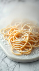 Fresh homemade noodles on white marble board, floured fresh noodles, created by generative ai