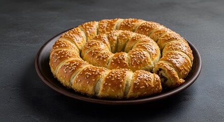 Golden Spiral Pastry with Sesame Seeds on a Dark Plate