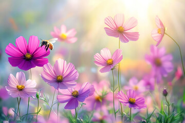 A vibrant, colorful, and ethereal floral scene with a bee buzzing around pink and purple flowers, set against a dreamy, ethereal, and ethereal background with a soft, dreamy, and ethereal atmosphere.