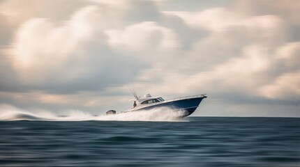 Fototapeta premium Speedboat on the Waves: A sleek speedboat glides swiftly across the ocean, leaving a trail of white water, under a dynamic sky filled with fluffy clouds.