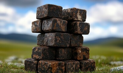 Stacked Dark Stone Cubes on a Green Meadow Under a Cloudy Blue Sky with a Faded Landscape in the Background, Symbolizing Strength and Nature's Beauty