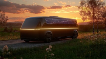 Fototapeta premium Futuristic Van on Country Road at Sunset