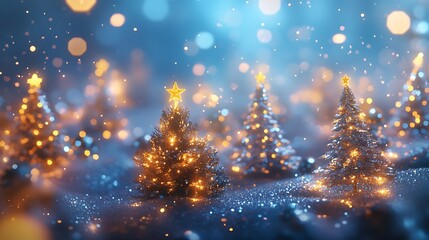 Naklejka premium Magical Christmas Trees with Twinkling Lights and Snowfall in a Festive Winter Wonderland