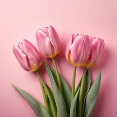 Obraz premium Three Pink Tulips on Pink Background