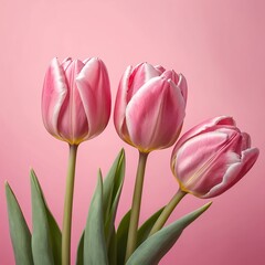 Fototapeta premium Three Pink Tulips on Pink Background