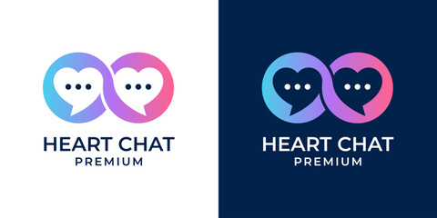 Love chat logo design vector. Love dating logo with bubble chat icon illustration. Couple of heart with speech bubble logo design illustration.