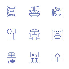 Restaurant icons set. Thin Line style, editable stroke. pad thai, bar, pub, vegetarian, restaurant, menu, food cart, cutlery © Blockfine
