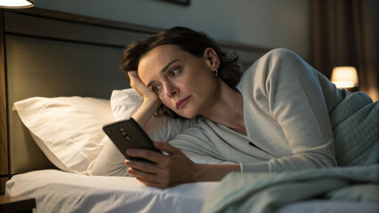 Obraz premium woman lying on bed, looking thoughtfully at her phone in dimly lit room, conveying sense of contemplation and introspection