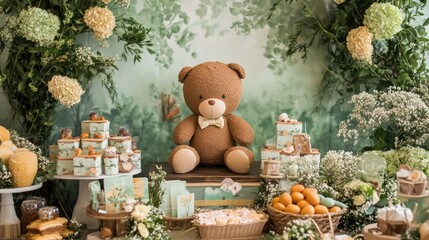 Rustic teddy bear themed baby shower dessert table with floral arrangements.