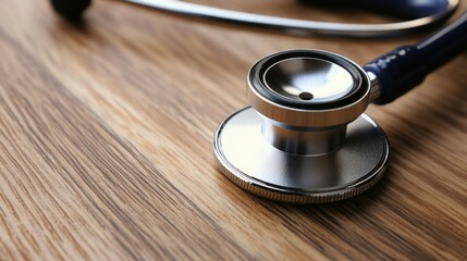 Stethoscope on a wooden desk, symbolizing care and precision in medicine.
