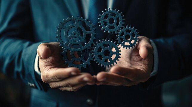 Process improvement and productivity growth concept. A businessman holds gears and upward arrows, symbolizing process optimization, productivity growth, efficient processes, and business efficiency