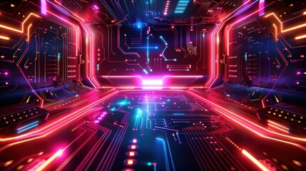 Computer generated image of a room with neon lights