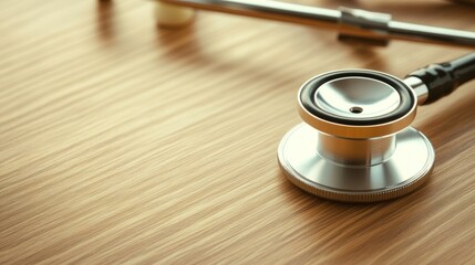 Stethoscope on a wooden desk, symbolizing care and precision in medicine.
