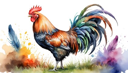Fototapeta premium Watercolor Rooster with Colorful Feathers and Splashes