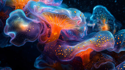 A cluster of bright bioluminescent mushrooms with intricate details on a dark background that looks very beautiful.